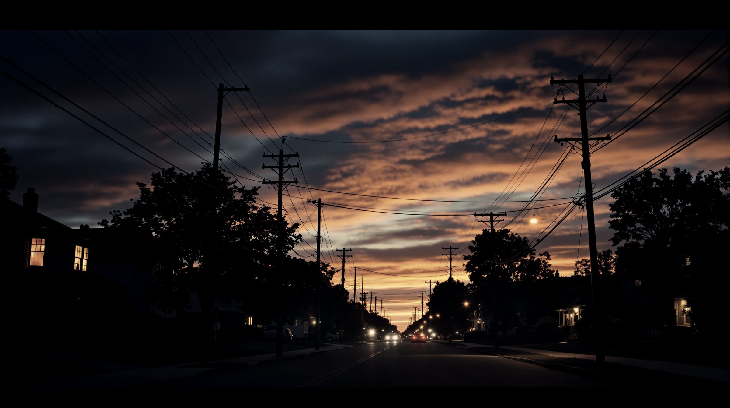 An American suburban street at dusk, lit windows against a deep sky